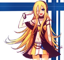 Rule 34 | 1girl, blonde hair, blue eyes, female focus, headphones, lily (vocaloid), long hair, navel, skirt, smile, solo, syutyou, very long hair, vocaloid, white background, wink