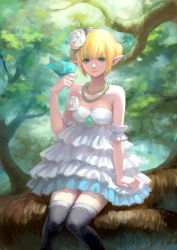 Rule 34 | 10s, 1girl, alternate costume, archer (dragon nest), ask (askzy), bare shoulders, bird, bird on hand, black thighhighs, blonde hair, breasts, cleavage, dragon nest, flower, green eyes, hair flower, hair ornament, highres, pointy ears, sitting, skirt, solo, thighhighs, tree, white skirt
