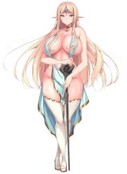 Rule 34 | blonde hair, breasts, dress, elf, forehead jewel, glowing tattoo, gold choker, highres, huge breasts, long hair, mage staff, mature female, ninoko, no bra, no panties, original, pointy ears, pubic tattoo, revealing clothes, tattoo, thick thighs, thighhighs, thighs, white dress, white thighhighs