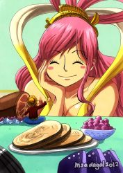 Rule 34 | bikini, blush, breasts, cleavage, closed eyes, food, fruit, giant, giantess, grapes, long hair, meat, monkey d. luffy, one piece, pink hair, ponytail, shirahoshi, smile, swimsuit