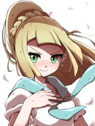 Rule 34 | 1girl, blonde hair, blush, braid, closed mouth, commentary request, creatures (company), fingernails, floating hair, game freak, green eyes, hand up, highres, lillie (pokemon), long hair, nintendo, pokemon, pokemon sm, shabana may, shirt, short sleeves, solo, sparkle, white shirt