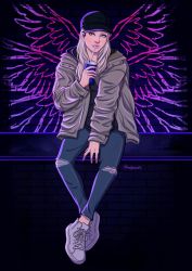 Rule 34 | absurdres, baseball cap, black headwear, black shirt, blonde hair, blue eyes, can, denim, drink, drinking, drinking straw, earpiece, hat, highres, jacket, jeans, pants, resident evil, resident evil village, ripped jeans, rosemary winters, shirt, shoes, sitting, smile, sneakers, wings