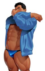 Rule 34 | 1boy, abs, bara, bare pectorals, blue male underwear, briefs, bulge, cowboy shot, dark-skinned male, dark skin, facial hair, highres, jacket, kansuke (kansuke 717), looking at viewer, male focus, male underwear, muscular, muscular male, navel, navel hair, nipples, open clothes, open jacket, original, pectorals, sideburns, sideburns stubble, solo, standing, stomach, stretching, stubble, thick eyebrows, thick thighs, thighs, thighs together, track jacket, underwear