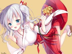 Rule 34 | 10s, 1girl, artist name, blue eyes, blush, breasts, commentary request, detached sleeves, hair ribbon, hakama, hakama skirt, japanese clothes, kantai collection, kashima (kancolle), kimono, large breasts, long hair, looking at viewer, miko, open mouth, red hakama, ribbon, ribbon-trimmed sleeves, ribbon trim, sandals, sidelocks, silver hair, skirt, smile, solo, sousouman, tabi, tsurime, twintails, wavy hair, white legwear, wide sleeves