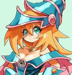 Rule 34 | 1girl, aqua eyes, bare shoulders, blonde hair, blush stickers, breasts, cleavage, dark magician girl, duel monster, green background, hair between eyes, hat, hexagram, highres, hyou (hyouga617), large breasts, long hair, looking at viewer, simple background, solo, upper body, wizard hat, yu-gi-oh!, yu-gi-oh! duel monsters