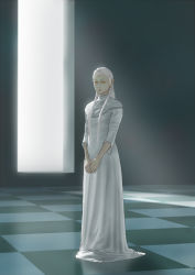 Rule 34 | 1girl, 3d, closed mouth, commentary request, dress, full body, head chain, indoors, jewelry, long hair, looking at viewer, solo, standing, the neverending story, white hair
