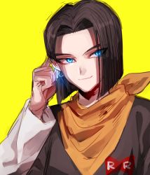 Rule 34 | 1boy, android 17, black hair, black shirt, blue eyes, dragon ball, dragonball z, earrings, glowing, glowing eyes, hand in own hair, jewelry, kerchief, long sleeves, looking away, male focus, red ribbon army, shaded face, shirt, short hair, simple background, smile, solo, upper body, yellow background