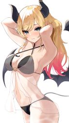 Rule 34 | 1girl, absurdres, alternate costume, armpits, arms up, ass, bat tattoo, bikini, black bikini, blonde hair, blue eyes, blush, breast tattoo, breasts, cowboy shot, demon girl, demon horns, demon tail, demon wings, gradient hair, highres, hololive, horns, large breasts, long hair, looking at viewer, multicolored hair, navel, pointy ears, pomp (qhtjd0120), simple background, solo, sweat, swimsuit, tail, tattoo, virtual youtuber, white background, wings, yuzuki choco