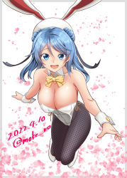 Rule 34 | 1girl, alternate costume, animal ears, black pantyhose, blue eyes, blue hair, bow, bowtie, breasts, cleavage, commentary request, dated, detached collar, double bun, fishnet pantyhose, fishnets, full body, hair bun, hat, kantai collection, large breasts, leotard, moke ro, one-hour drawing challenge, pantyhose, playboy bunny, rabbit ears, sailor hat, solo, strapless, strapless leotard, twitter username, urakaze (kancolle), white footwear, white hat, white leotard, wrist cuffs, yellow bow, yellow bowtie