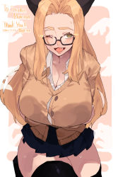 Rule 34 | 1girl, black-framed eyewear, blazer, blonde hair, blush, breast hold, breasts, cleavage, crossed arms, embarrassed, fang, female focus, glasses, highres, jacket, kneeling, large breasts, legs, long hair, looking at viewer, makingtawawa, one eye closed, open mouth, semi-rimless eyewear, simple background, skirt, smile, solo, thank you, thick eyebrows, thighhighs, thighs, white background, yellow eyes, zettai ryouiki