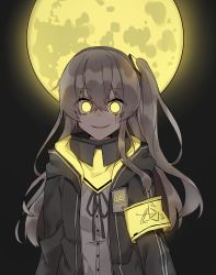Rule 34 | 1girl, aogisa, bad id, bad pixiv id, black jacket, commentary request, full moon, girls&#039; frontline, glowing, glowing eyes, grin, hair between eyes, highres, hood, hooded jacket, jacket, long hair, long sleeves, moon, open clothes, open jacket, scar, scar across eye, scar on face, shirt, smile, solo, ump45 (girls&#039; frontline), white shirt