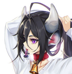 Rule 34 | 1girl, ahoge, animal ears, arms up, bell, black hair, blueorca, collar, collarbone, cow ears, cow girl, cow horns, cowbell, cropped, hair between eyes, horns, long hair, mole, mole under mouth, mouth hold, original, purple eyes, red collar, red lips, simple background, solo, tying hair, upper body, white background