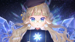 Rule 34 | 1girl, :&lt;, beret, black hat, black shirt, blue eyes, brown-framed eyewear, brown hair, character request, crystal, double bun, glasses, hair bun, hat, highres, livly island, long hair, looking at viewer, momoshiki tsubaki, night, night sky, outdoors, parted lips, pince-nez, shirt, sky, solo, star (sky), starry sky, tilted headwear, transparent, triangle mouth