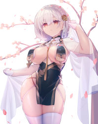 Rule 34 | 1girl, azur lane, braid, breast curtains, breasts, breasts apart, cherry blossoms, chingisu, covered erect nipples, covered navel, cowboy shot, flower, gloves, hair between eyes, hair flower, hair ornament, large breasts, legs together, orange eyes, petals, short hair, silver hair, sirius (azur lane), sirius (azure horizons) (azur lane), skindentation, solo, thighhighs, thighs, tree, underboob, white background, white gloves, white thighhighs, yellow flower