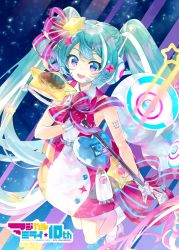 Rule 34 | 1girl, anniversary, aqua hair, blue bow, blue eyes, bow, character name, collared dress, copyright name, dress, english text, floating, gloves, gradient eyes, gradient hair, hair between eyes, hatsune miku, headset, high heels, kei (keigarou), magical mirai (vocaloid), magical mirai miku, magical mirai miku (2022), multicolored eyes, multicolored hair, official art, open mouth, pink bow, pink dress, pink eyes, pink gloves, pink hair, rocket ship, second-party source, smile, solo, spacecraft, star (symbol), two-tone bow, two-tone dress, two-tone gloves, vocaloid, white dress, white gloves, white hair