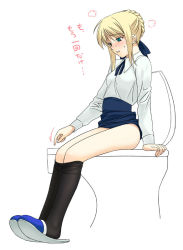 Rule 34 | 00s, a1 (initial-g), artoria pendragon (all), artoria pendragon (fate), black pantyhose, blouse, blush, clothes pull, fate/stay night, fate (series), female masturbation, masturbation, no panties, pantyhose, pantyhose pull, saber (fate), shirt, slippers, solo, toilet, translated