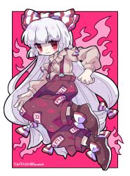 Rule 34 | 1girl, bow, closed mouth, collared shirt, fire, footwear bow, fujiwara no mokou, full body, grey shirt, hair bow, harunori (hrnrx), highres, hime cut, long hair, long sleeves, looking at viewer, ofuda, ofuda on clothes, pants, red bow, red eyes, red footwear, red pants, shirt, shoes, smile, solo, suspenders, touhou, twitter username, two-tone bow, very long hair, white bow, white hair