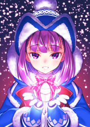 Rule 34 | 1girl, beanie, blue coat, blue dress, blue gloves, blue hat, blush, bow, box, coat, dress, fate/grand order, fate/grand order arcade, fate (series), fur-trimmed coat, fur-trimmed dress, fur trim, gift, gift box, gloves, gradient background, hat, helena blavatsky (christmas) (fate), helena blavatsky (fate), highres, hood, hooded coat, large bow, long sleeves, looking at viewer, matsuryuu, open clothes, open coat, open mouth, purple background, purple eyes, purple hair, short hair, simple background, smile, snowing, solo
