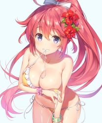 Rule 34 | 1girl, artist name, bikini, blue background, blush, bracelet, breast hold, breasts, cleavage, collarbone, flower, grin, hair flower, hair ornament, hair ribbon, hibiscus, jewelry, large breasts, long hair, looking at viewer, mouth hold, navel, original, ponytail, purple eyes, red hair, ribbon, scan, side-tie bikini bottom, simple background, smile, solo, swimsuit, untied bikini, white background, yellow bikini, yuuki hagure