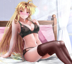 Rule 34 | 1girl, ahoge, arm support, bed, bedroom, black bra, black hair, black panties, blush, bra, breasts, brown thighhighs, cleavage, closed mouth, collarbone, commentary, fate testarossa, indoors, large breasts, leaning back, long hair, looking at viewer, lyrical nanoha, mahou shoujo lyrical nanoha, mahou shoujo lyrical nanoha strikers, navel, panties, red eyes, sitting, smile, solo, sougetsu izuki, strap gap, sunlight, thighhighs, underwear, underwear only, very long hair