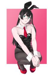 Rule 34 | 1girl, absurdres, animal ears, black hair, black leotard, black pantyhose, breasts, detached collar, fake animal ears, glasses, green eyes, hairband, high heels, highleg, highleg leotard, highres, kantai collection, leotard, long hair, looking at viewer, necktie, ojipon, ooyodo (kancolle), pantyhose, playboy bunny, rabbit ears, red footwear, red necktie, small breasts, solo, squatting, strapless, strapless leotard, wrist cuffs