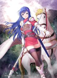 Rule 34 | 1girl, animal, armor, blue eyes, blue hair, blush, caeda (fire emblem), cape, dress, earrings, elbow gloves, fingerless gloves, fire emblem, fire emblem: mystery of the emblem, fire emblem cipher, full body, gloves, jewelry, kousei horiguchi, long hair, looking at viewer, nintendo, official art, open mouth, pegasus, pegasus knight uniform (fire emblem), smile, solo, thighhighs, wings