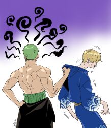 Rule 34 | 2boys, angry, blonde hair, cigarette, earrings, facial hair, from behind, goatee, gradient background, green hair, hand on own hip, haramaki, highres, japanese clothes, jewelry, male focus, mrs.custard, multiple boys, muscular, muscular male, one piece, purple background, roronoa zoro, sanji (one piece), seigaiha, single earring, sweat, topless male, twitter username