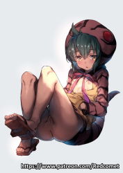 Rule 34 | 10s, 1girl, anus, bare legs, breasts, clog sandals, flat chest, green hair, grey background, hands in pockets, hood, hoodie, kemono friends, looking at viewer, nipples, pussy, redcomet, simple background, sitting, snake tail, solo, striped tail, tail, tsuchinoko (kemono friends), uncensored, watermark, web address, yellow eyes
