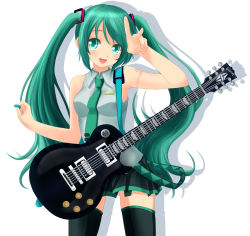Rule 34 | 1girl, electric guitar, gibson, green eyes, green hair, guitar, hatsune miku, highres, instrument, long hair, looking at viewer, matching hair/eyes, necktie, open mouth, plectrum, simple background, skirt, solo, terun, thighhighs, twintails, v, very long hair, vocaloid, white background