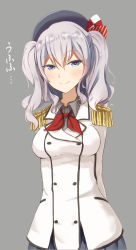 Rule 34 | 10s, 1girl, arms behind back, bad id, bad pixiv id, blush, breasts, cowboy shot, grey background, highres, kantai collection, kashima (kancolle), looking at viewer, mitsukichi, ribbon, grey eyes, silver hair, simple background, smile, solo
