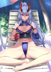 Rule 34 | 1girl, :q, areola slip, asymmetrical gloves, barefoot, beach chair, beach umbrella, bikini, blue gloves, bosshi, breasts, cameltoe, chair, crossed legs, day, fate/grand order, fate (series), fingerless gloves, gloves, hair between eyes, highres, holding, horns, large breasts, long hair, low-tied long hair, mismatched gloves, navel, nintendo switch, oni horns, outdoors, playing games, ponytail, cameltoe, red eyes, red gloves, red horns, sand, see-through, short sleeves, silver hair, sitting, smile, solo, spread legs, swimsuit, tomoe gozen (fate), tomoe gozen (swimsuit saber) (fate), tomoe gozen (swimsuit saber) (third ascension) (fate), tongue, tongue out, two-tone swimsuit, umbrella