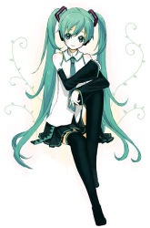 Rule 34 | apupu, bare shoulders, black thighhighs, detached sleeves, green eyes, green hair, hatsune miku, long hair, simple background, sitting, smile, solo, thighhighs, twintails, very long hair, vocaloid