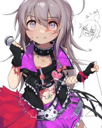 Rule 34 | 1girl, absurdres, ahoge, belt, black gloves, black jacket, blush, chain, chibi, chibi inset, closed mouth, collar, english text, facial tattoo, fang, fingerless gloves, fishnet sleeves, fishnets, gloves, grey eyes, grey hair, heart, highres, holding, holding microphone, hoshi syoko, idolmaster, idolmaster cinderella girls, jacket, jewelry, korean commentary, long hair, mg pong, microphone, navel, necklace, open clothes, open jacket, pink skirt, skirt, sleeveless, sleeveless jacket, solo, star (symbol), star necklace, star tattoo, studded collar, sweatdrop, tattoo