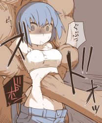 Rule 34 | 1girl, 2boys, amasaki ryouko, arm grab, arms behind back, blue eyes, blue hair, bound, bound arms, breasts, constricted pupils, cracklecradle, highres, medium breasts, midriff, multiple boys, nns (sobchan), punching, ryona, short hair, shorts, spitting, stomach punch, strapless, sweat, tearing up, tube top, tube top, turn pale, white tube top