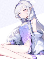 Rule 34 | 1girl, blue archive, blush, breasts, china dress, chinese clothes, closed mouth, dress, hairband, halo, high heels, highres, himari (blue archive), long hair, looking at viewer, mole, mole under eye, pointy ears, purple dress, purple eyes, purple footwear, purple hairband, signalviolet, small breasts, smile, solo, thighs, two-tone background, white hair