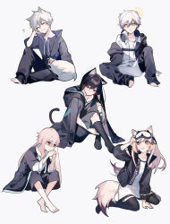 Rule 34 | 2girls, 3boys, absurdres, adnachiel (arknights), animal ear fluff, animal ears, ansel (arknights), arknights, arm support, barefoot, beirenjianfendian, black coat, black dress, black hair, black jacket, black shorts, black thighhighs, cardigan (arknights), cat ears, cat tail, chinese commentary, closed eyes, coat, commentary request, dog ears, dog tail, dress, fang, fingernails, flying sweatdrops, fox ears, fox tail, goggles, goggles on head, grey hair, hair between eyes, halo, head rest, headphones, headphones around neck, highres, jacket, long hair, long sleeves, melantha (arknights), multicolored hair, multiple boys, multiple girls, open clothes, open jacket, own hands together, pink eyes, pink hair, rabbit ears, red eyes, shirt, short hair, shorts, simple background, steward (arknights), streaked hair, tail, thighhighs, white background, white shirt, yellow eyes