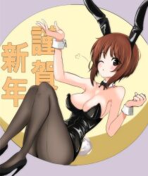 Rule 34 | 1girl, absurdres, aikir (jml5160), animal ears, back-seamed legwear, text background, black bow, black bowtie, black footwear, black leotard, black pantyhose, blowing kiss, blush, bow, bowtie, breasts, brown eyes, brown hair, chinese zodiac, collar, detached collar, fake animal ears, fake tail, girls und panzer, happy new year, heart, high heels, highres, legs, leotard, looking at viewer, medium breasts, new year, nishizumi miho, one eye closed, open mouth, pantyhose, playboy bunny, rabbit ears, rabbit tail, seamed legwear, short hair, smile, solo, strapless, strapless leotard, tail, translated, white collar, wrist cuffs, year of the rabbit