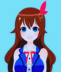 Rule 34 | 1girl, :d, aqua background, bare shoulders, blue eyes, blue vest, blush, breasts, brown hair, buttons, collared shirt, commentary request, cropped vest, hair between eyes, hair flaps, hair ornament, hololive, lapels, long hair, looking at viewer, neck ribbon, open mouth, red ribbon, ribbon, shirt, simple background, sleeveless, sleeveless shirt, smile, solo, star (symbol), star hair ornament, tokino sora, tokino sora (1st costume), upper body, uruha rushia (artist), very long hair, vest, virtual youtuber