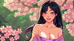 Rule 34 | 1girl, black eyes, black hair, breasts, chinese clothes, cleavage, collarbone, disney, fa mulan (disney), flower, highres, large breasts, long hair, looking at viewer, mulan, negative space, off shoulder, outdoors, parted lips, pixel art, solo, yumykon