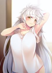 Rule 34 | 1girl, alternate costume, alternate hairstyle, arm behind head, arms up, asymmetrical hair, breasts, cleavage, collarbone, commentary request, hair down, kantai collection, large breasts, long hair, mofu namako, shirt, silver hair, solo, stretching, t-shirt, unryuu (kancolle), upper body, very long hair, white shirt, window, yellow eyes
