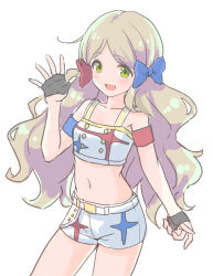Rule 34 | 1girl, armband, belt, black gloves, blue bow, bow, buttons, collarbone, commentary request, cowboy shot, crop top, damokan66, fingerless gloves, flat chest, gloves, green eyes, hair bow, hand up, handa roco, highres, idolmaster, idolmaster million live!, idolmaster million live! theater days, light blush, light brown hair, long hair, looking at viewer, low twintails, navel, open mouth, parted bangs, print shirt, print shorts, red bow, shirt, shorts, smile, solo, star piece dreamer, stomach, thighs, twintails, waving, wavy hair, white background, white belt, white shirt, white shorts