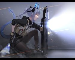 Rule 34 | 1girl, ankle boots, arknights, ballistic shield, black footwear, black jacket, black pantyhose, boots, brown eyes, bulletproof vest, dazzler (weapon), dragon girl, dragon horns, dragon tail, electricity, electroshock weapon, flash shield, flashlight, from side, full body, glowing, glowing shield, glowing weapon, grey hair, gun, highres, holding, holding gun, holding shield, holding weapon, hood, hooded jacket, horns, jacket, less-than-lethal weapon, letterboxed, light, liskarm (arknights), liskarm (overload) (arknights), long sleeves, narynn, official alternate costume, on one knee, open mouth, pantyhose, ponytail, profile, riot shield, shield, sidelocks, solo, stun shield, tactical light, tail, thigh strap, trigger discipline, v-shaped eyebrows, weapon