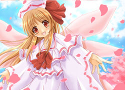 Rule 34 | 1girl, blue sky, bow, bowtie, capelet, cherry blossoms, cloud, day, dress, fairy, fairy wings, female focus, frills, hat, kawai kei (artist), lily white, long sleeves, looking at viewer, outstretched arms, petals, red bow, red bowtie, sky, solo, tate eboshi, touhou, white dress, wings