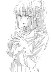 Rule 34 | 1girl, blush, highres, interlocked fingers, looking at viewer, looking to the side, minoshima ayaka, neckerchief, original, own fingers together, parted lips, ponytail, school uniform, serafuku, sidelocks, simple background, sketch, solo, white background