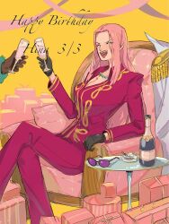Rule 34 | 1boy, 1girl, ^ ^, alcohol, box, champagne, champagne flute, cigarette, closed eyes, crossed legs, cup, drinking glass, epaulettes, formal, gift, gift box, gloves, happy birthday, highres, hina (one piece), holding, holding cup, jacket, jewelry, long hair, long sleeves, maruwoz, necklace, on chair, one piece, open mouth, pants, pink hair, pink jacket, pink pants, sidelocks, smoker (one piece), suit, sunglasses, yellow background