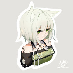 Rule 34 | 1girl, animal ear fluff, animal ears, arknights, artist name, bare shoulders, breasts, closed mouth, cropped torso, dress, green dress, green eyes, grey background, grey hair, highres, kal&#039;tsit (arknights), outline, shimmer, simple background, small breasts, solo, upper body, white outline