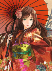 Rule 34 | 1girl, bad id, bad pixiv id, brown hair, character request, expressionless, floral print, flower, green eyes, hair flower, hair ornament, japanese clothes, kanameyura, kimono, lips, long hair, long sleeves, obi, parasol, parted lips, sash, solo, tassel, umbrella, upper body, wide sleeves