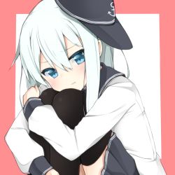 Rule 34 | 10s, 1girl, :t, anchor symbol, black hat, black skirt, black thighhighs, blue eyes, blush, border, closed mouth, eyebrows, flat cap, hair between eyes, hat, head tilt, hibiki (kancolle), highres, hugging own legs, kantai collection, knees to chest, knees up, lips, long hair, looking at viewer, pink border, pleated skirt, pout, rateratte, sailor collar, school uniform, serafuku, shirt, simple background, skirt, solo, thighhighs, white background, white hair, white shirt, zettai ryouiki