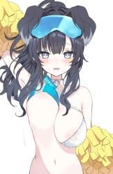 Rule 34 | 1girl, animal ears, areola slip, arm up, armpits, bad id, bad twitter id, black hair, blue archive, blush, breasts, cheering, cheerleader, dog ears, extra ears, goggles, goggles on head, hibiki (blue archive), hibiki (cheer squad) (blue archive), highres, holding, holding pom poms, jumping, large breasts, looking at viewer, millennium cheerleader outfit (blue archive), navel, pom pom (cheerleading), pom poms, ponytail, simple background, solo, star sticker, sticker on face, wavy hair, white background, yupi (yuyupiko01)