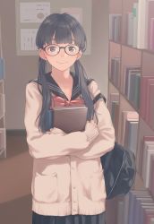 Rule 34 | 1girl, absurdres, bag, black eyes, black hair, black sailor collar, black skirt, blunt bangs, book, bookshelf, bow, bowtie, cardigan, closed mouth, comic koh, glasses, highres, holding, holding book, kamo (gafas), library, long hair, long sleeves, looking at viewer, pleated skirt, red bow, red bowtie, sailor collar, school bag, school uniform, serafuku, skirt, smile, solo, standing, twintails
